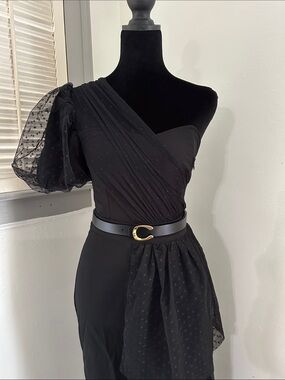 Black One-Shoulder evening dress with Tulle Overlay wedding guest dress